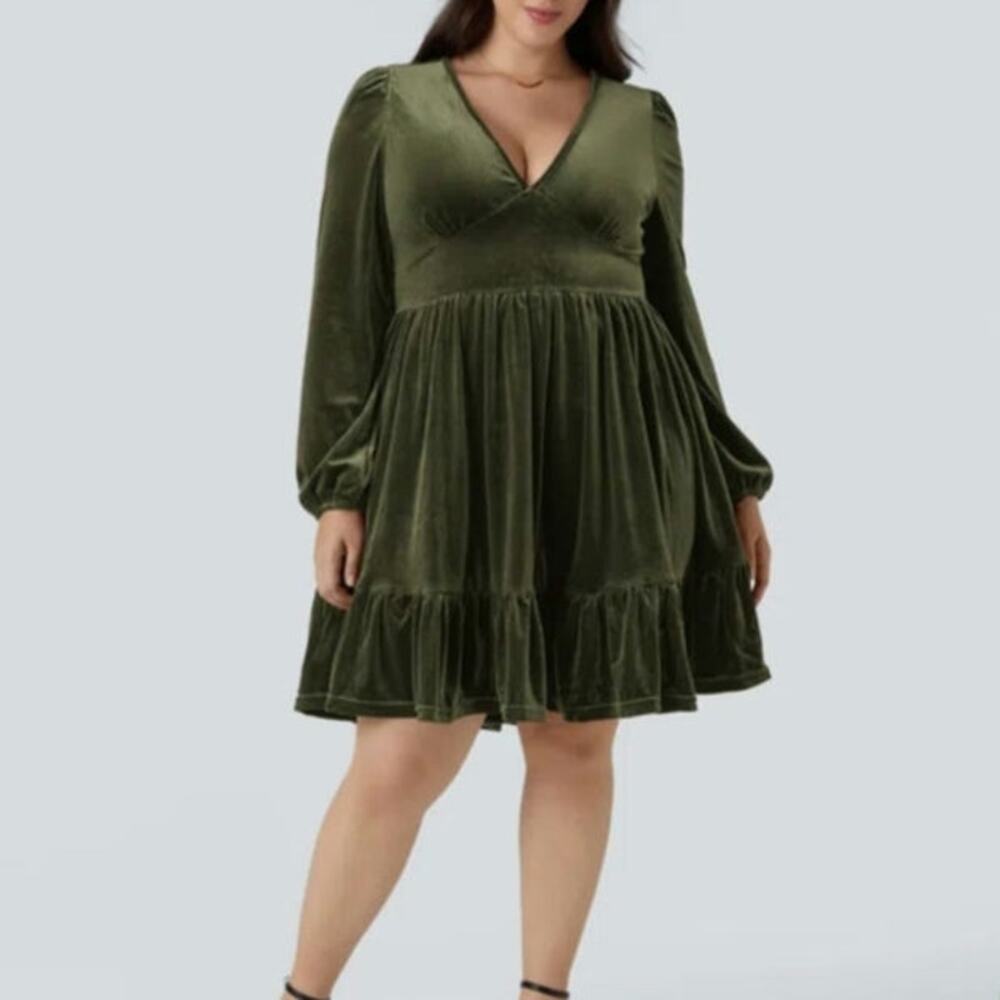 Sz 3X HALARA Olive Green Velvet Long-Slv Fit & Flare Ruffle Mini Dress